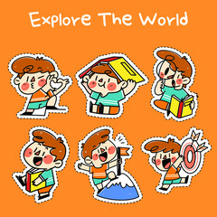 Adorable Kid Explore The World Hand Drawn Vector Illustration Sticker Asset Set