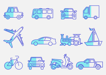 flat icons set,transportation,Airplane,Car,Truck,Bus,Train,Bicycle,Car front,Motorcycle,Pickup truck,Boat,vector illustrations