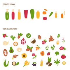 Organic cosmetics ingredients set for product packaging. Hand drawn packaging icons. Vector illustration