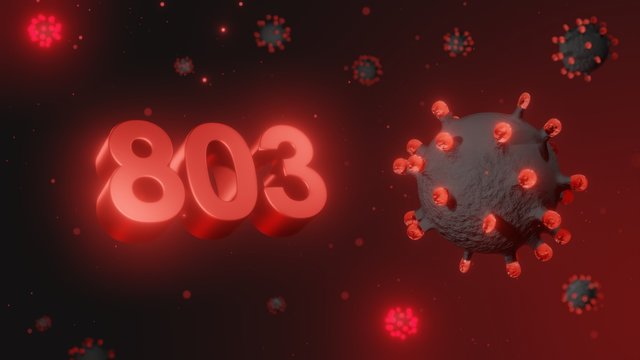 Number 803 in red 3d text on dark corona virus background, 3d render, illustration, virus