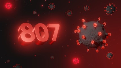 Number 807 in red 3d text on dark corona virus background, 3d render, illustration, virus