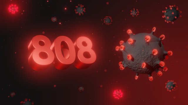 Number 808 in red 3d text on dark corona virus background, 3d render, illustration, virus
