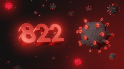 Number 822 in red 3d text on dark corona virus background, 3d render, illustration, virus