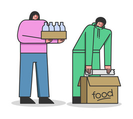 Food Donation Concept. Volunteer Woman Bring Some Food To Shelter. Worker Is Packing It To Cardboard. People Are Donating Food To Poor People. Cartoon Linear Outline Flat Style. Vector Illustration
