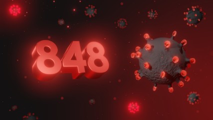 Number 848 in red 3d text on dark corona virus background, 3d render, illustration, virus