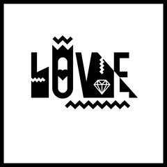 Stylish inscription Love for design and print on clothing. Modern typography with graphic elements.