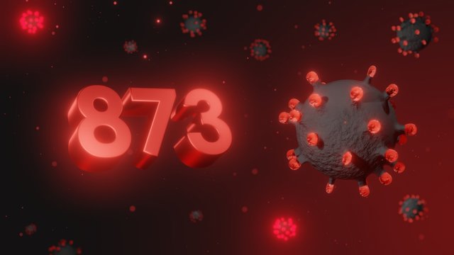 Number 873 in red 3d text on dark corona virus background, 3d render, illustration, virus