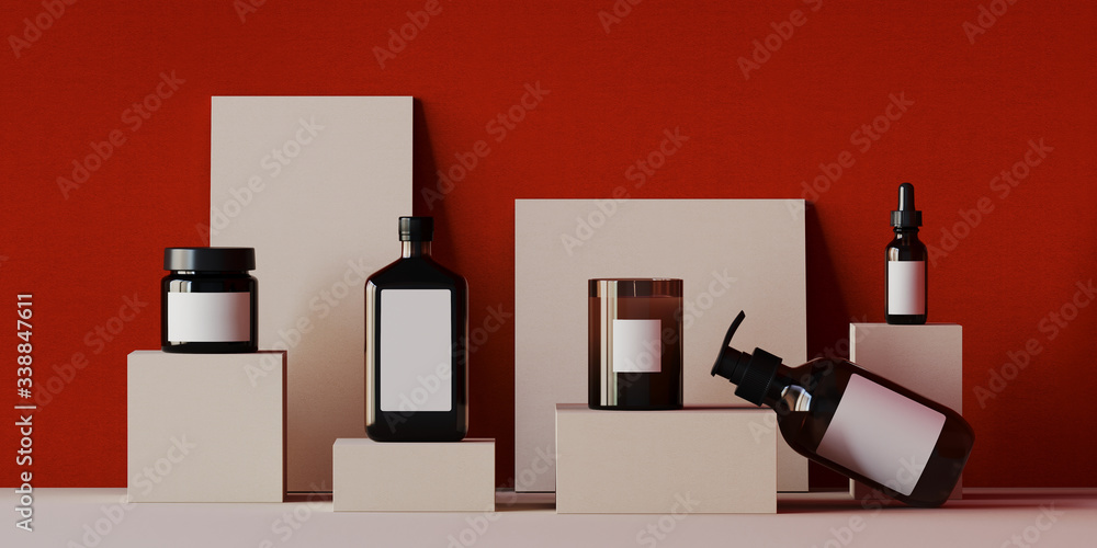Poster minimal background for branding and product presentation. cosmetic bottle on beige podium and red pa