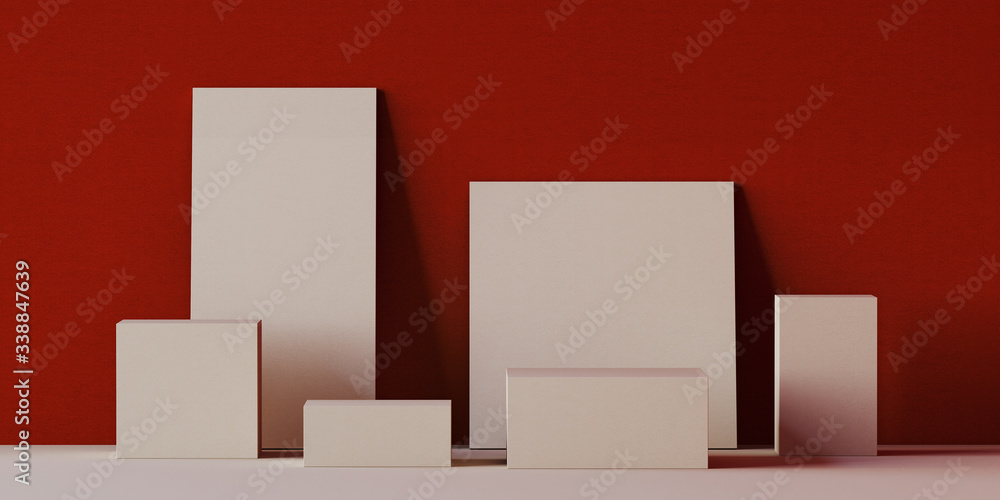 Poster minimal background for branding and product presentation. beige podium and red paper texture backgro