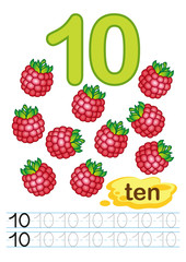Vector printable worksheet for kindergarten and preschool. Exercises for writing numbers. Learn numbers with bright fresh fruits count and color from 1 to 10