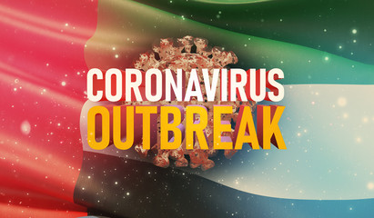 Coronavirus COVID-19 outbreak concept, health threatening virus, background waving national flag of United Arab Emirates. Pandemic stop Novel Coronavirus outbreak covid-19 3D illustration.