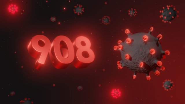 Number 908 in red 3d text on dark corona virus background, 3d render, illustration, virus