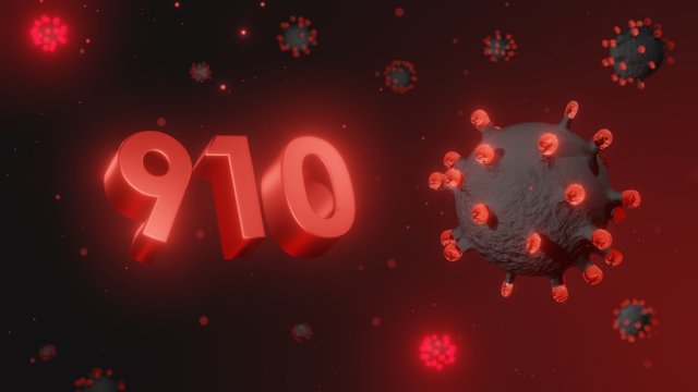 Number 910 in red 3d text on dark corona virus background, 3d render, illustration, virus