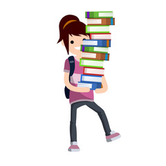 Funny girl student carries heavy stack of books. Problems of teaching children. comic situation. textbooks and notebooks of women - Cartoon flat illustration