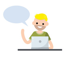Man with laptop. Smiling happy guy talking. Study and education. Bubble dialogue and advice. Cartoon flat illustration. Student at school. Work at computer and speech