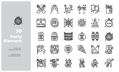 Vector Line Icons Set of New Year Party and Party Element Icon. Editable Stroke. Design for Website, Mobile App and Printable Material. Easy to Edit & Customize.
