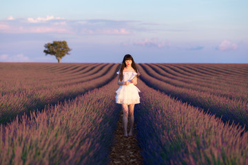 Young Chinese woman in white traditional dress, walking in lavender field. Plateau de Valensole,...