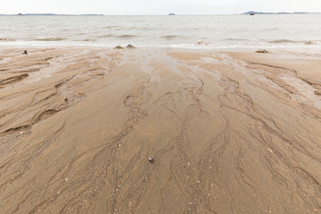 Close-up view of textured sandy beach with waves flowing background