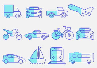 flat icons set,transportation,Airplane,Car,Truck,Bus,Train,Bicycle,Car front,Motorcycle,Pickup truck,Boat,vector illustrations
