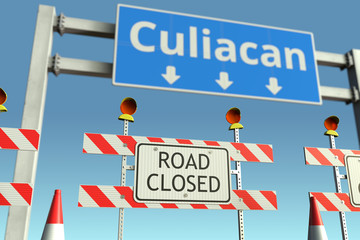 Barriers near Culiacan city traffic sign. Lockdown in Mexico conceptual 3D rendering