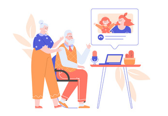Grandparents call daughter and granddaughter from a laptop. Online chat, video call, remote communication with relatives. Family together. Quarantine and self-isolation. Vector flat.
