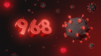 Number 968 in red 3d text on dark corona virus background, 3d render, illustration, virus