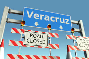 Barriers at Veracruz city traffic sign. Lockdown in Mexico conceptual 3D rendering