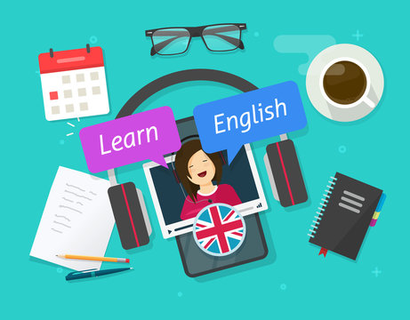 Education concept of learn english online on cellular phone or study foreign language on mobile smartphone lesson on work desk table vector flat cartoon illustration, studying english workplace image
