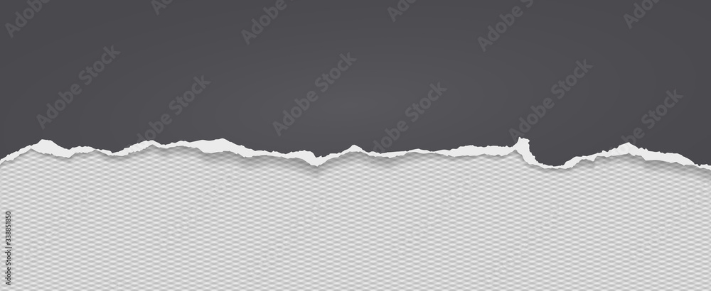 Poster piece of torn black horizontal paper with soft shadow stuck on white squared background. vector illu