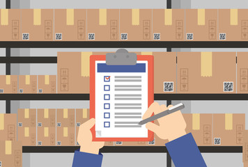 Vector illustration. Warehouse worker checking list of storage boxes.