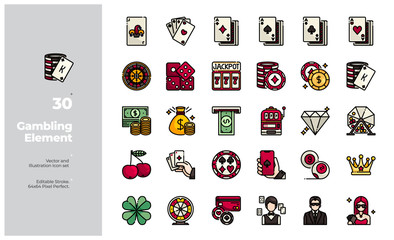Vector Color Line Icons Set of Gambling & Casino Element Icon. Editable Stroke. Design for Website, Mobile App and Printable Material. Easy to Edit & Customize.