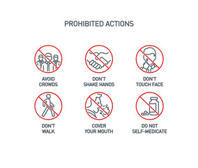 prohibited actions Coronavirus line icons set poster isolated on white. Perfect outline symbols prevention Covid 19 pandemic banner. Quality design elements handshake, crowd, walk with editable Stroke