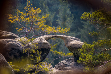 Hidden sandstone rock gate Falcon kiss in Bohemian Paradise