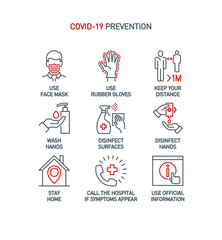 Naklejka na ściany i meble Prevention line icons set isolated on white. outline symbols Coronavirus Covid 19 pandemic banner. Quality design elements mask, gloves, distance, wash disinfect hands, stay home with editable Stroke