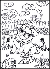coloring page dog pug in the country, leisure