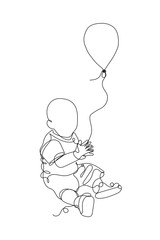 Continuous line drawing. One line children with air balloon on white background. Concept for greeting card, banner, poster, flyer