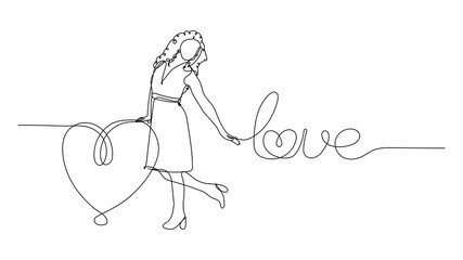 Vector illustration. Continuous line drawing beautiful woman with heart and love font. Cute young girl one line sketch on white background. Concept for greeting card, banner, poster, flyer