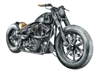 Motorcycle bobber painted in watercolor on paper, isolated drawing - obrazy, fototapety, plakaty
