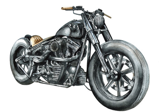 Motorcycle bobber painted in watercolor on paper, isolated drawing