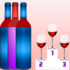 Ilustración con tres botellas en 3D  y tres copas seleccionadas por su calidad
