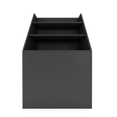 Cardboard retail shelves rack. Black Trade Show Booth. 3d render isolated on white background. Ad template for your expo design.