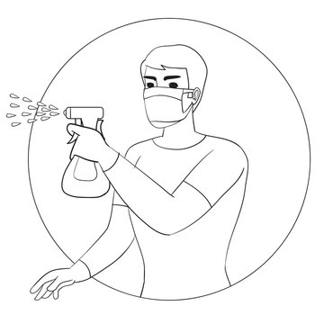 masked man sprays a disinfectant through a spray gun, outline drawing, isolated object on white background, vector illustration,