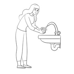 woman washes her hands in running water, outline drawing, isolated object on a white background, vector illustration,
