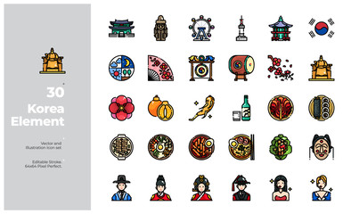 Vector Color Line Icons Set of South Korea Icon. Editable Stroke. Design for Website, Mobile App and Printable Material. Easy to Edit & Customize.