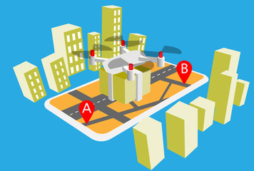 drone delivery service. home food delivery quadrocopter and city map with pin geo position