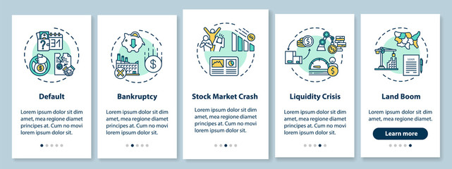Economic crisis onboarding mobile app page screen with concepts. Global economic and social emergencies walkthrough five steps graphic instructions. UI vector template with RGB color illustrations