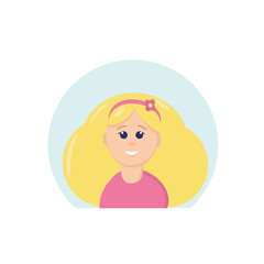 girl with long white hair and a rim with a pink flower, emotion joy, laughing in a flat style. vector graphic. element for design sticker, icon, poster, card woman avatar