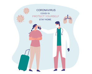 Doctor Measures Temperature
in the Airport.Stay Home.Keeping Distance for Decrease Infection Risk For Prevent Virus Covid-19.
Stay Home on Quarantine During  Coronavirus Epidemic.Vector Illustration