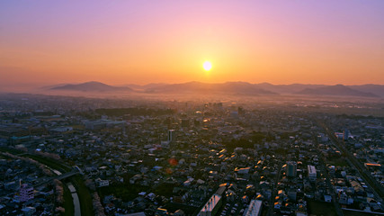 sunset, aerial view of the city