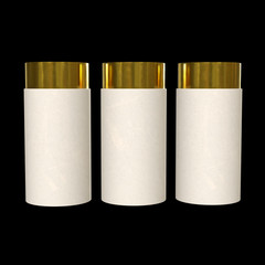 Kraft paper cardboard tube package with gold part mock up. 3d render on black background.